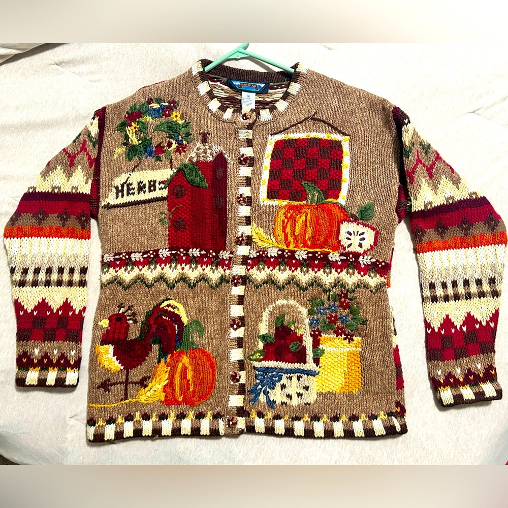 Fall Cardigan Sweater Rooster Pumpkin Size Medium - Picture 2 of 10